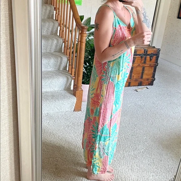 Kenny Flowers Beach Resort Tropical Print Maxi Slip Dress in Pink, Teal & Yellow - Picture 7 of 16